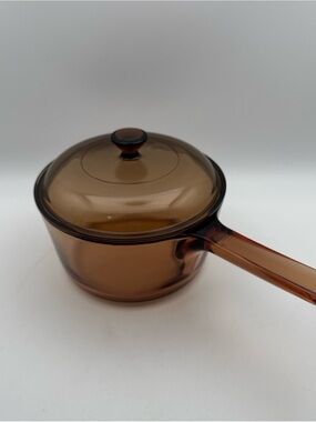 Vintage Corning Vision Ware 1.5 L Amber Glass Pot Sauce Pan With Lid Made In USA